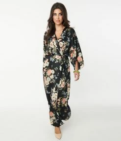 Aakaa Black & Blue Floral Maxi Wrap Dress
