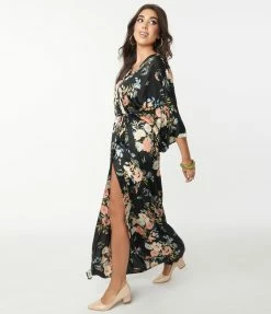 Aakaa Black & Blue Floral Maxi Wrap Dress