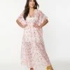 Unique Vintage Pink Floral Burnout Chiffon Burton Caftan Dress Swimwear
