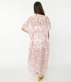 Unique Vintage Pink Floral Burnout Chiffon Burton Caftan Dress Swimwear