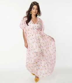 Unique Vintage Pink Floral Burnout Chiffon Burton Caftan Dress Swimwear