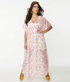 Unique Vintage Pink Floral Burnout Chiffon Burton Caftan Dress Swimwear