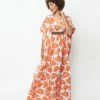Unique Vintage Ivory & Coral Floral Burton Caftan Dress Clothing