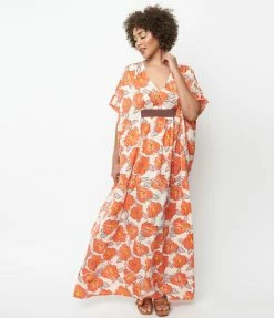 Unique Vintage Ivory & Coral Floral Burton Caftan Dress Clothing