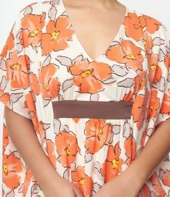 Unique Vintage Ivory & Coral Floral Burton Caftan Dress Clothing