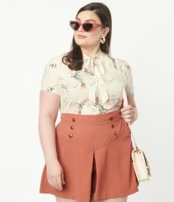 Unique Vintage Plus Size 1950s Ivory Floral Elsie Blouse Sale