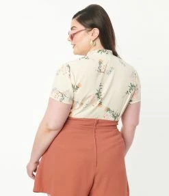 Unique Vintage Plus Size 1950s Ivory Floral Elsie Blouse Sale