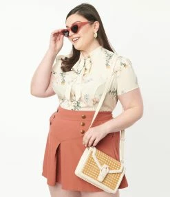 Unique Vintage Plus Size 1950s Ivory Floral Elsie Blouse Sale