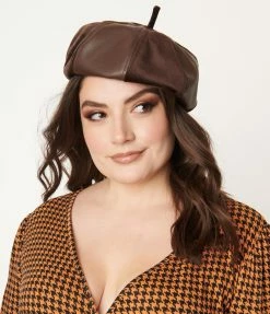 Unique Vintage Brown Leather & Suede Beret Hats