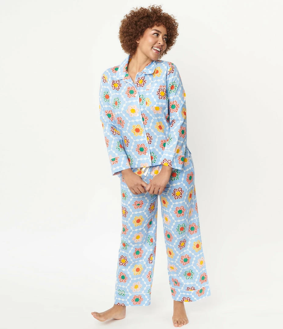 Ban.do Light Blue & Multicolor Floral Patchwork Pajama Bottoms Lingerie & Shapewear