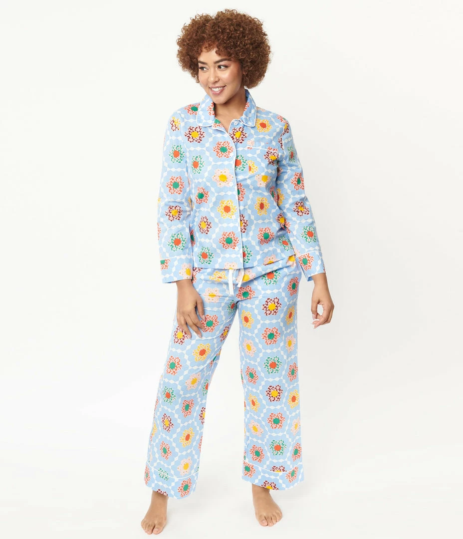 Ban.do Light Blue & Multicolor Floral Patchwork Pajama Bottoms Lingerie & Shapewear