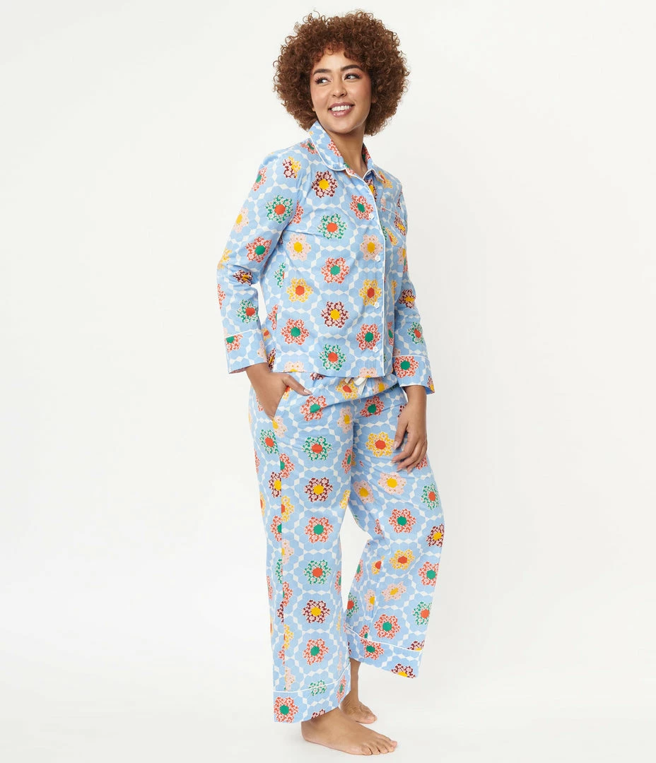 Ban.do Light Blue & Multicolor Floral Patchwork Pajama Bottoms Lingerie & Shapewear