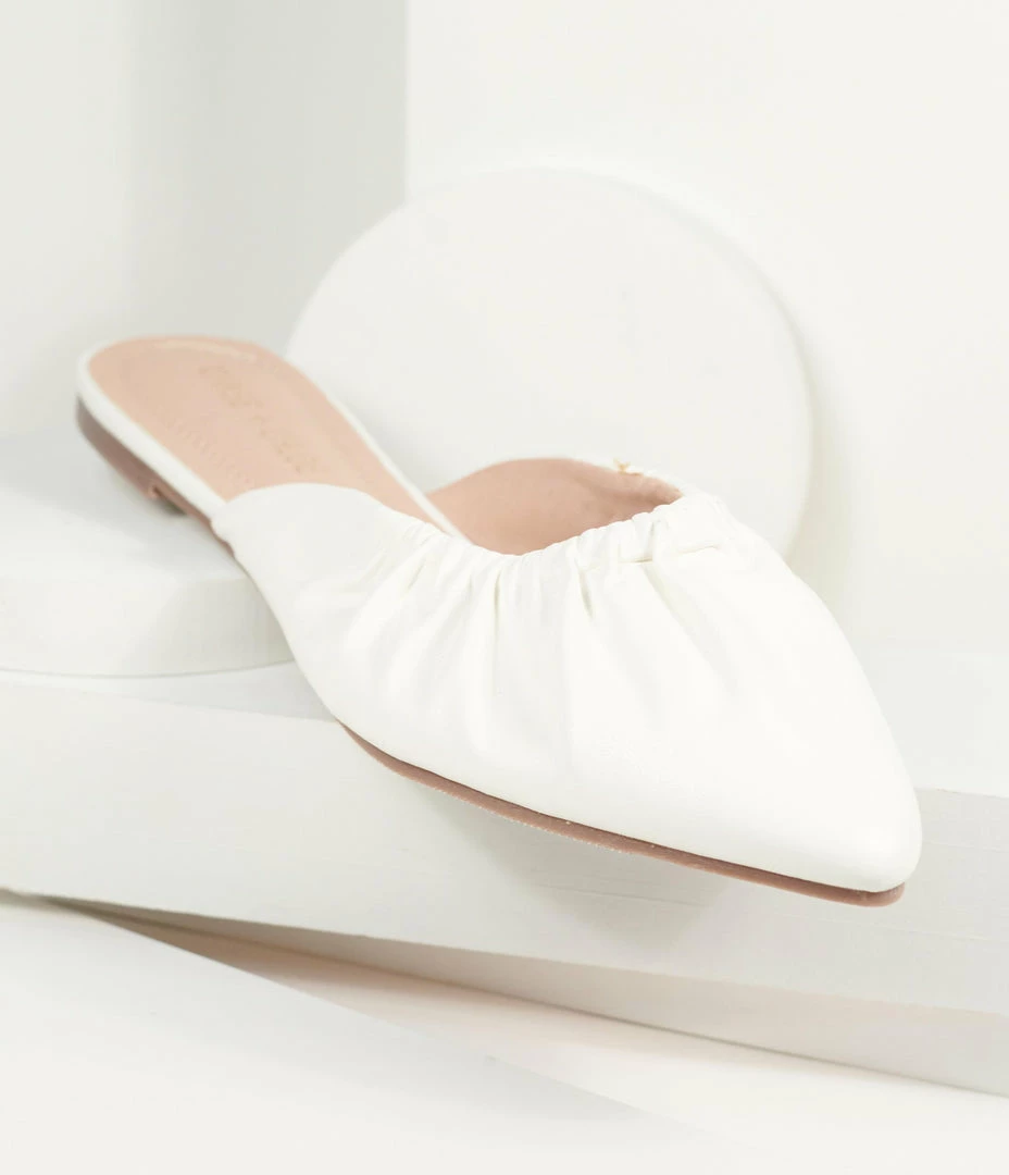 In Touch Footwear White Leatherette Gathered Mule Flats Shoes
