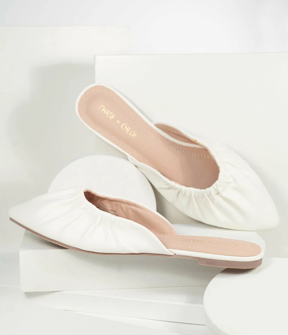 In Touch Footwear White Leatherette Gathered Mule Flats Shoes