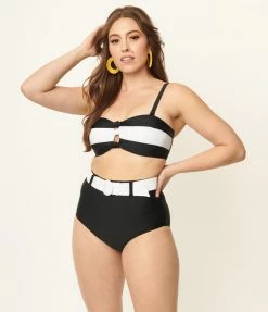 Swimwear Unique Vintage Black & White Belted Redondo Swim Bottoms