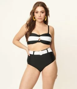 Swimwear Unique Vintage Black & White Belted Redondo Swim Bottoms