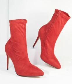 Verona Collection Red Suede High Stiletto Ankle Boots