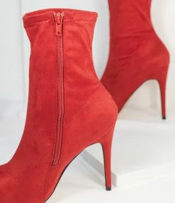 Verona Collection Red Suede High Stiletto Ankle Boots