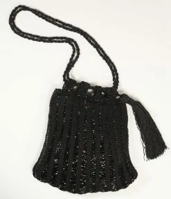 Ricki Designs Vintage Style Black Beaded & Crochet Tassel Purse Flapper Accessories