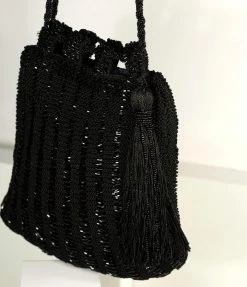 Ricki Designs Vintage Style Black Beaded & Crochet Tassel Purse Flapper Accessories