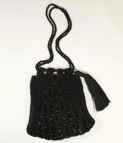 Ricki Designs Vintage Style Black Beaded & Crochet Tassel Purse Flapper Accessories