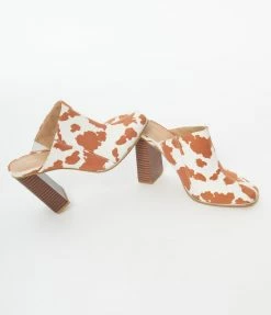 OUR LOVE LETTER INC Heels & Wedges White & Brown Cow Print Suede Mule Heels