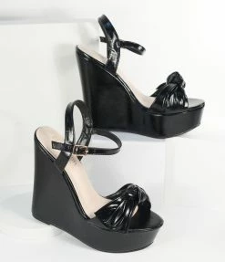 Thistle & Clover Black Bow Peep Toe Platform Dalia Wedges