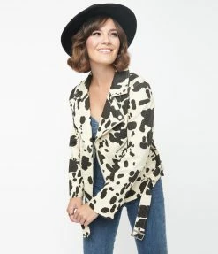 Emory Park Cream & Black Cow Print Denim Moto Jacket
