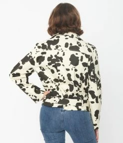 Emory Park Cream & Black Cow Print Denim Moto Jacket