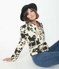 Emory Park Cream & Black Cow Print Denim Moto Jacket