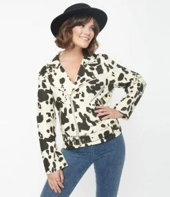 Emory Park Cream & Black Cow Print Denim Moto Jacket