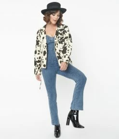 Emory Park Cream & Black Cow Print Denim Moto Jacket