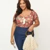 Unique Vintage Plus Size Rust & Ivory Floral Print Sweetheart Rosemary Top Sale