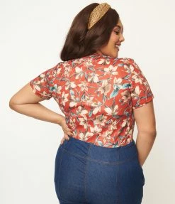 Unique Vintage Plus Size Rust & Ivory Floral Print Sweetheart Rosemary Top Sale