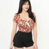 Unique Vintage Rust & Ivory Floral Print Sweetheart Rosemary Top