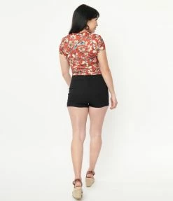 Unique Vintage Rust & Ivory Floral Print Sweetheart Rosemary Top