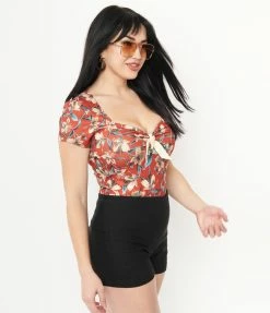 Unique Vintage Rust & Ivory Floral Print Sweetheart Rosemary Top