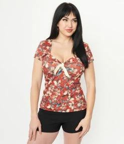 Unique Vintage Rust & Ivory Floral Print Sweetheart Rosemary Top