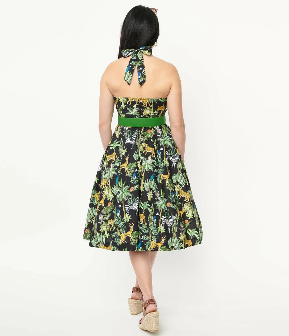 Unique Vintage 1950s Black & Jungle Print Tarrytown Hostess Dress