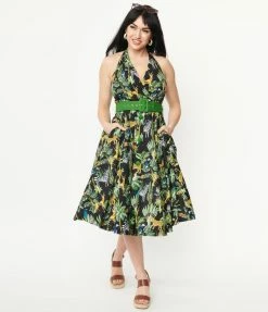 Unique Vintage 1950s Black & Jungle Print Tarrytown Hostess Dress