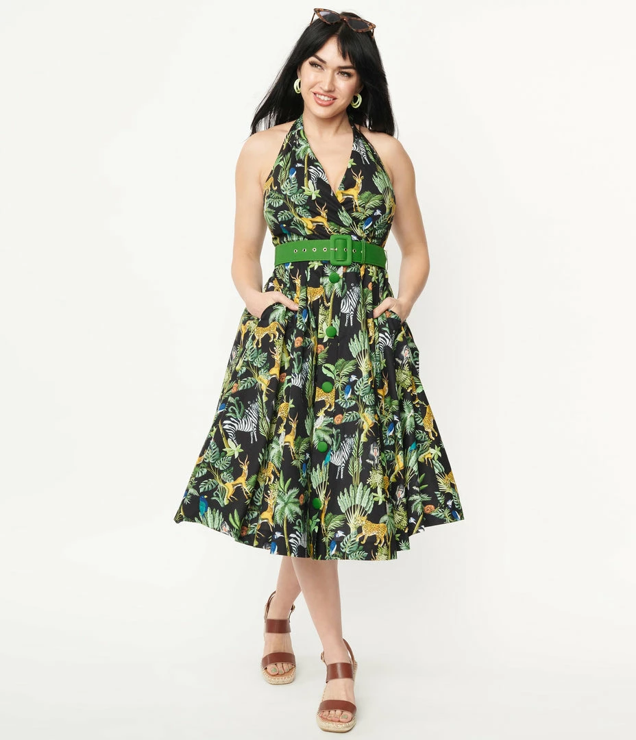 Unique Vintage 1950s Black & Jungle Print Tarrytown Hostess Dress