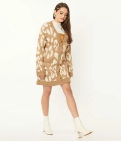 VERY J Mocha Leopard Print Long Cardigan