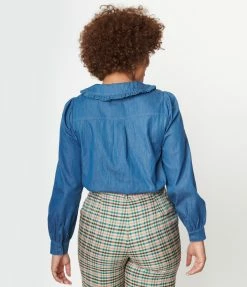 VERY J Indigo Denim Puritan Collar Blouse Sale