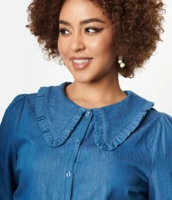 VERY J Indigo Denim Puritan Collar Blouse Sale