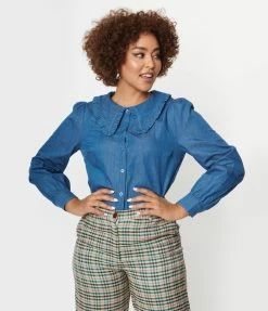 VERY J Indigo Denim Puritan Collar Blouse Sale