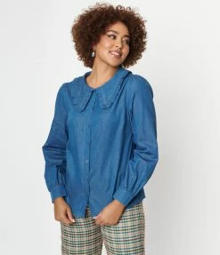 VERY J Indigo Denim Puritan Collar Blouse Sale