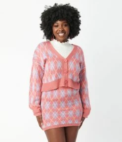 VERY J Pink & Purple Argyle Cardigan Sale