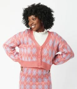 VERY J Pink & Purple Argyle Cardigan Sale