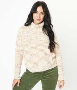 LUMIERE Sale Cream & Pink Tweed Turtleneck Sweater