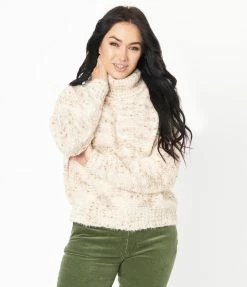 LUMIERE Sale Cream & Pink Tweed Turtleneck Sweater